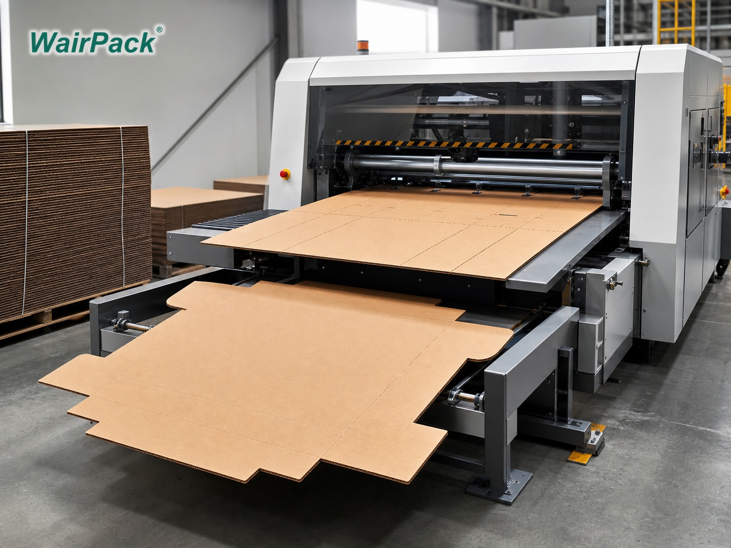 WairPack carton cutting machine scoring and cutting corrugated board into carton blanks