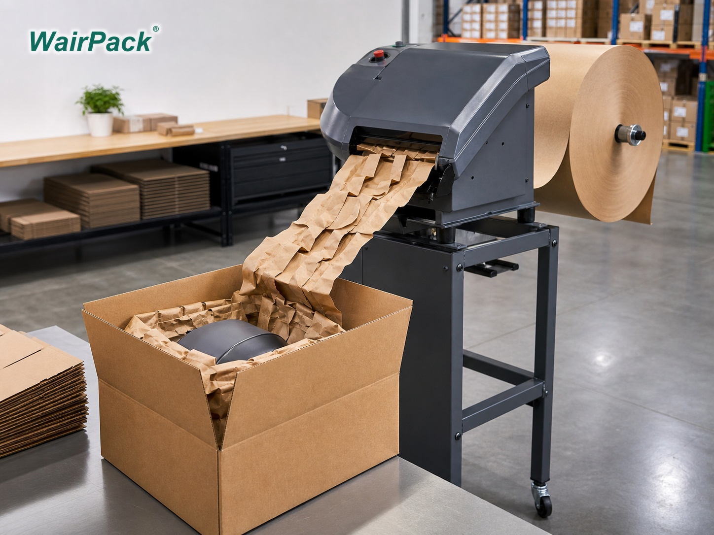 WairPack paper pad machine converting kraft paper into cushioning pads for void fill